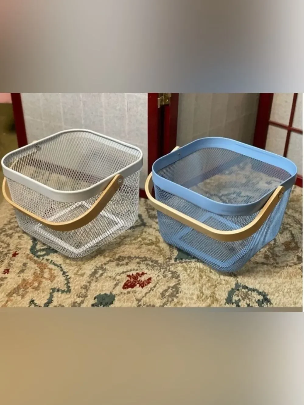 Blue & White Metal Storage Baskets with Natural Wood Handles - Home Accents